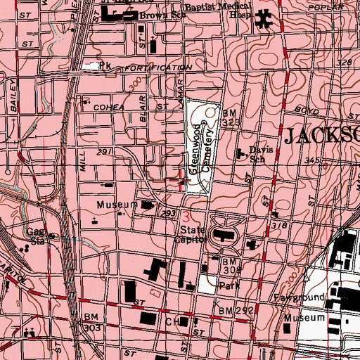 Topographic Map of Mount Helm Baptist Church, MS