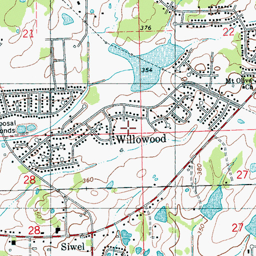 Topographic Map of Willowood, MS