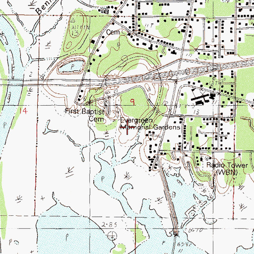 Topographic Map of Evergreen Memorial Gardens, MS