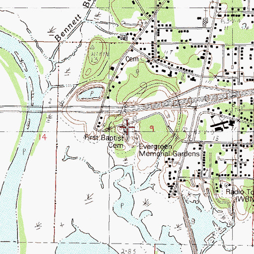 Topographic Map of First Baptist Cemetery, MS