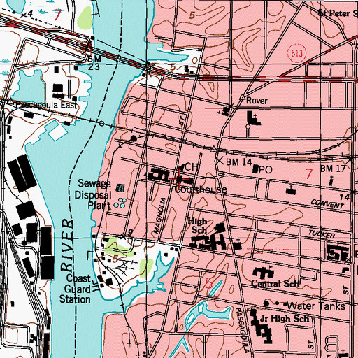 Topographic Map of Jackson County Courthouse, MS
