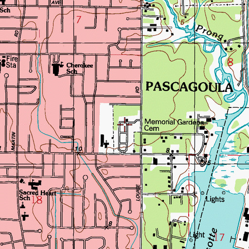 Topographic Map of Memorial Gardens Cemetery, MS