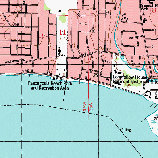 Topographic Map of Pascagoula Beach Park and Recreation Area, MS