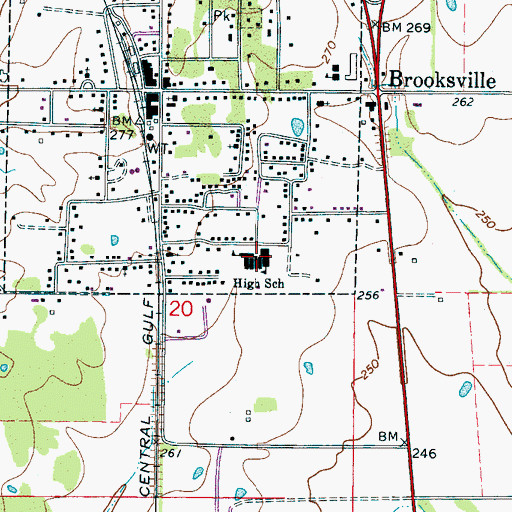 Topographic Map of Brooksville High School, MS
