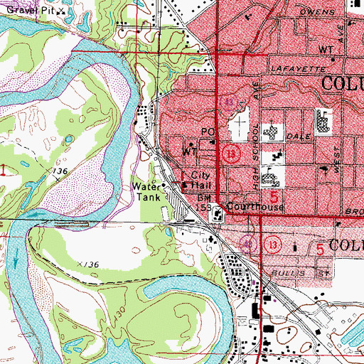 Topographic Map of Columbia City Hall, MS