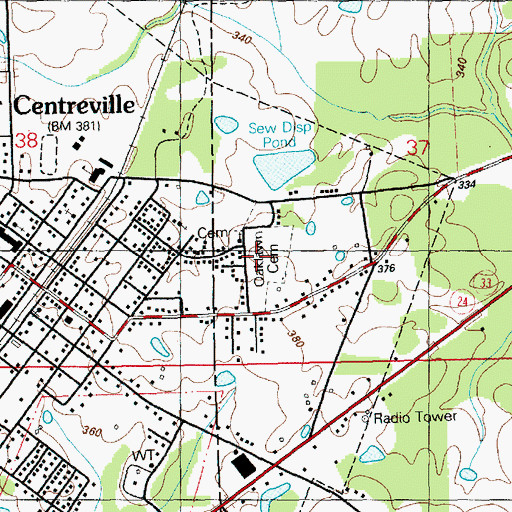 Topographic Map of Oaklawn Cemetery, MS
