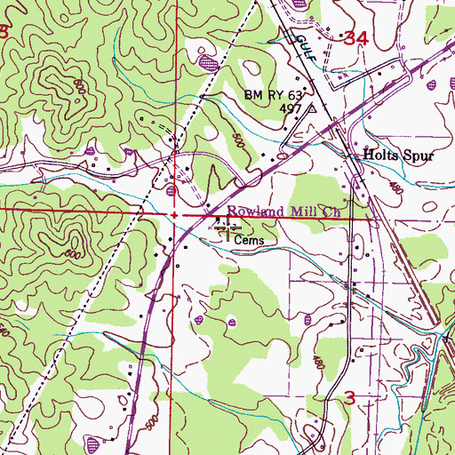 Topographic Map of Rowland Mills Cemetery, MS