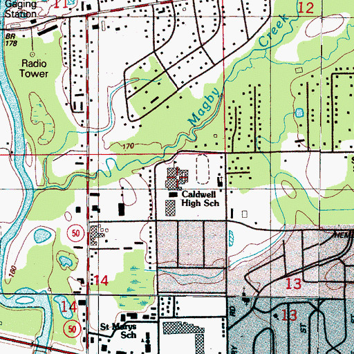Topographic Map of Caldwell High School, MS