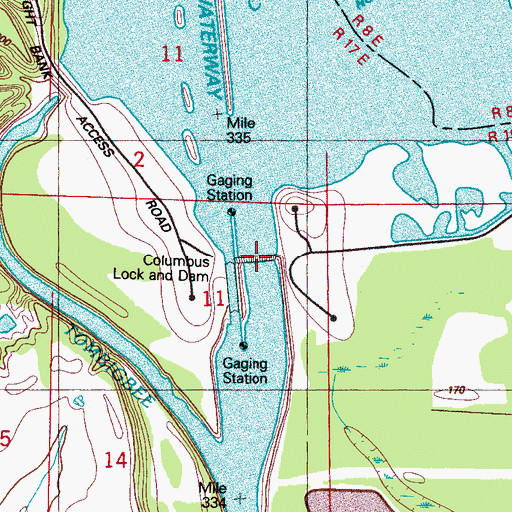 Topographic Map of Columbus Lock and Dam, MS