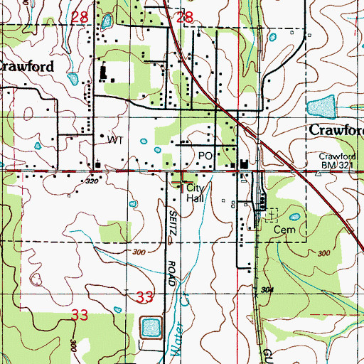 Topographic Map of Crawford City Hall, MS