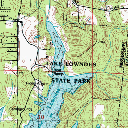 Topographic Map of Lake Lowndes State Park, MS