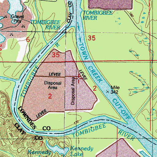Topographic Map of Town Creek Cutoff, MS