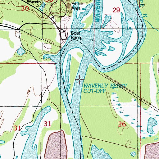 Topographic Map of Waverly Ferry Cutoff, MS