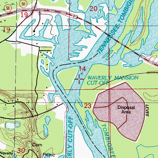 Topographic Map of Waverly Mansion Cutoff, MS