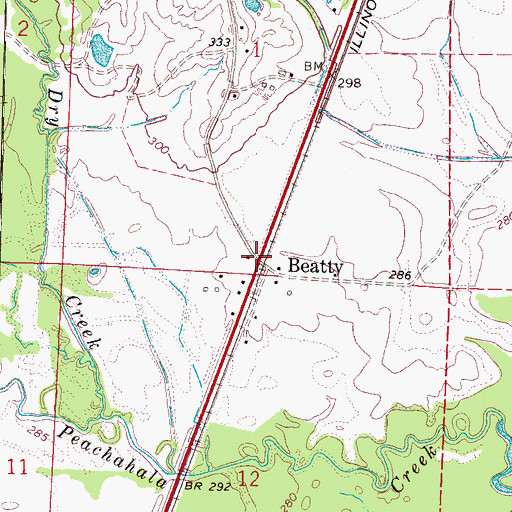 Topographic Map of Beatty, MS
