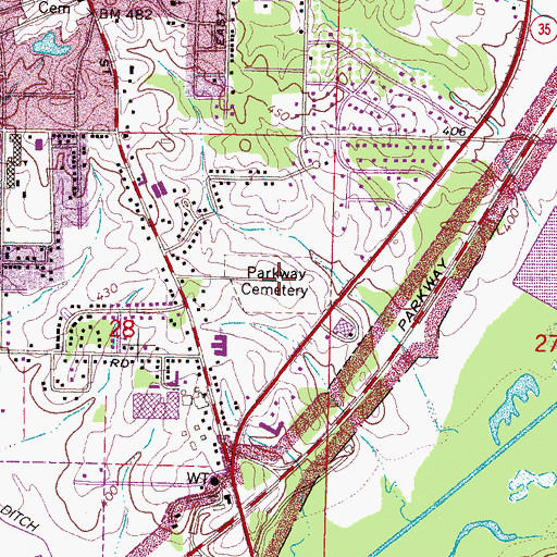 Topographic Map of Parkway Cemetery, MS