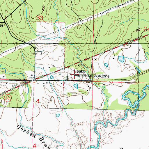 Topographic Map of Leake Memorial Gardens, MS