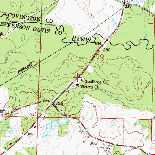 Topographic Map of Double Churches Cemetery, MS