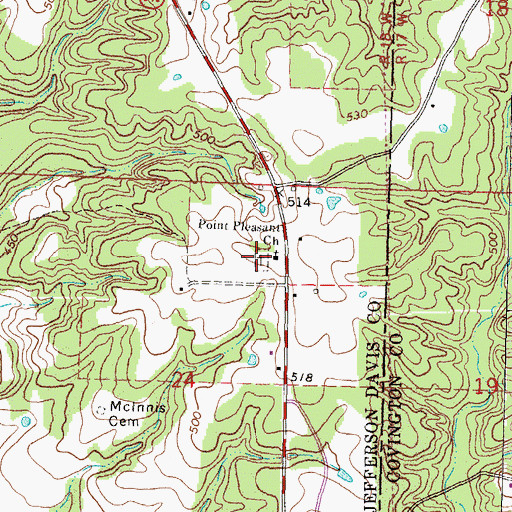 Topographic Map of Point Pleasant Cemetery, MS