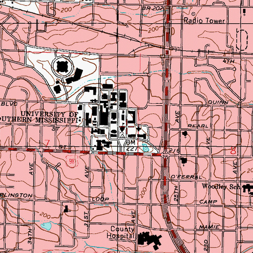 Topographic Map of University of Southern Mississippi, MS