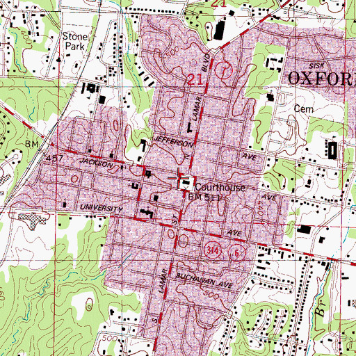 Topographic Map of Oxford, MS