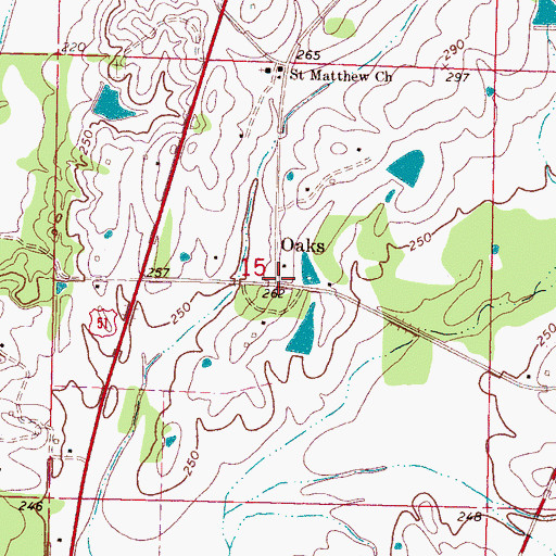 Topographic Map of Oaks, MS