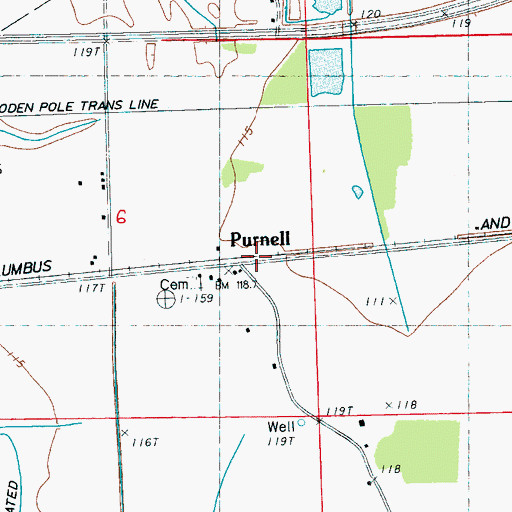 Topographic Map of Purnell, MS