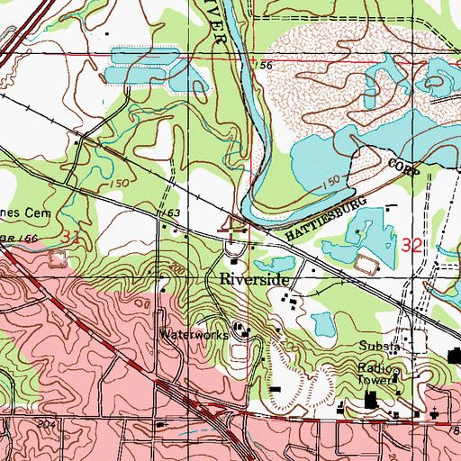 Topographic Map of Riverside, MS