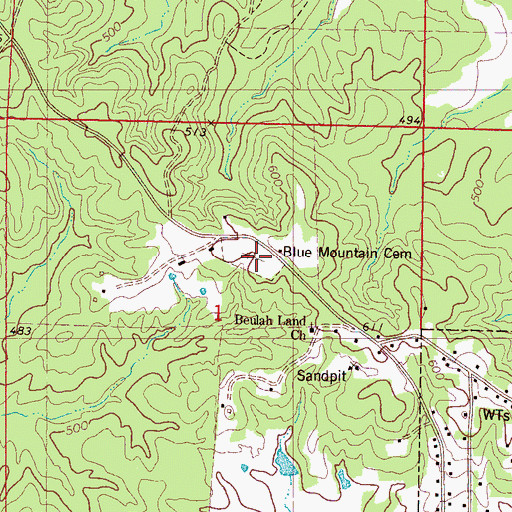 Topographic Map of Blue Mountain Cemetery, MS