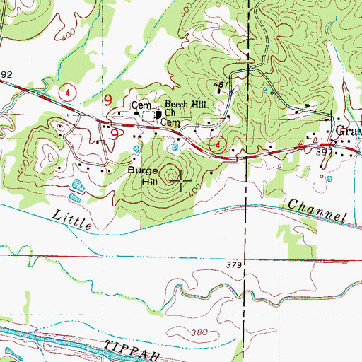 Topographic Map of Burge Hill, MS