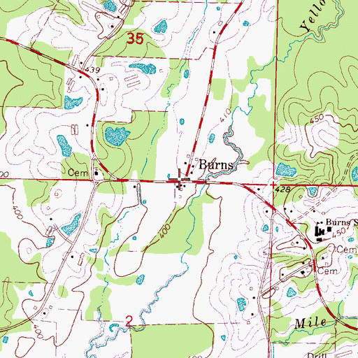 Topographic Map of Burns, MS