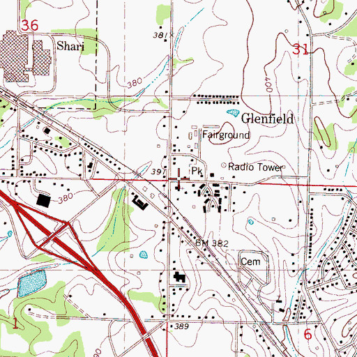 Topographic Map of Glenfield, MS