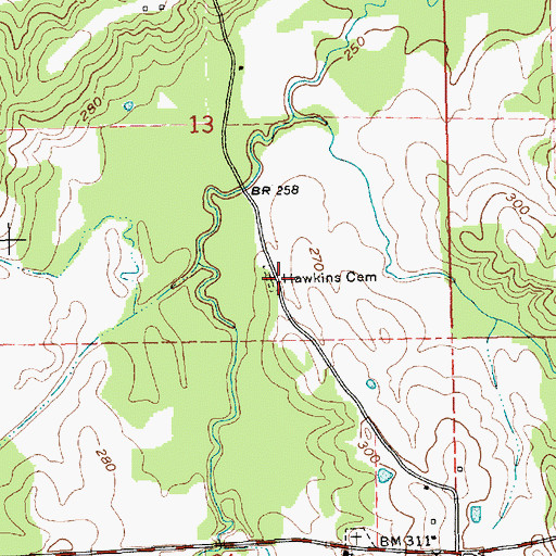Topographic Map of Hawkins Cemetery, MS