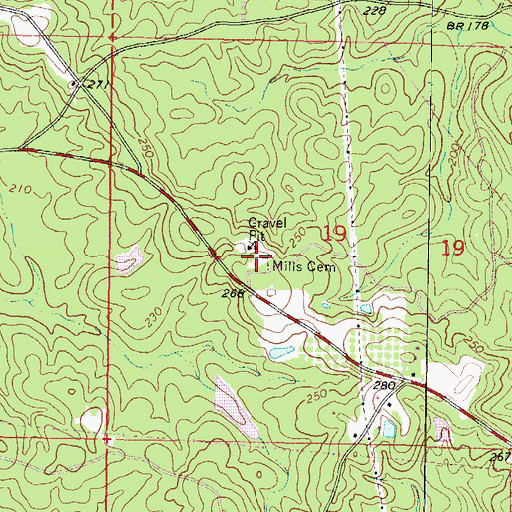 Topographic Map of Mills Cemetery, MS