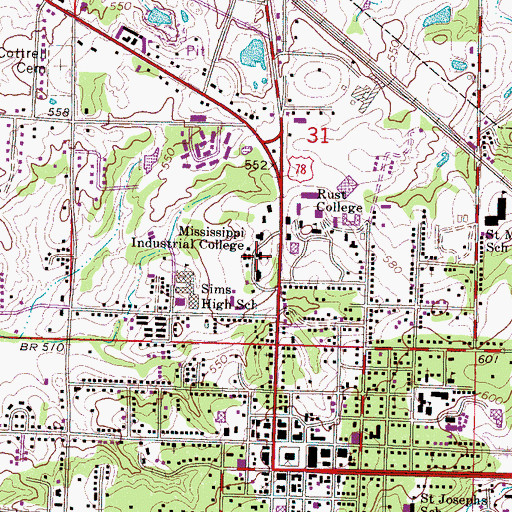 Topographic Map of Mississippi Industrial College, MS