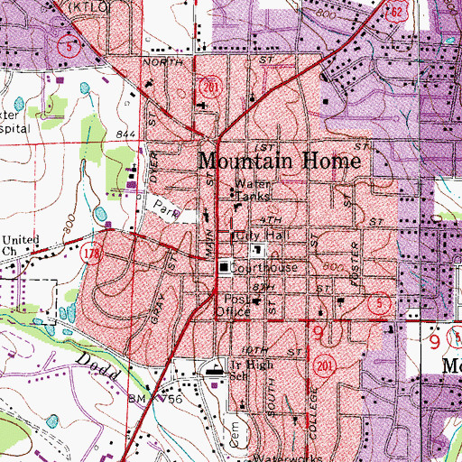 Topographic Map of Mountain Home City Hall, AR
