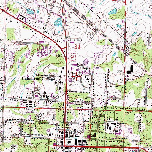 Topographic Map of Rust College, MS