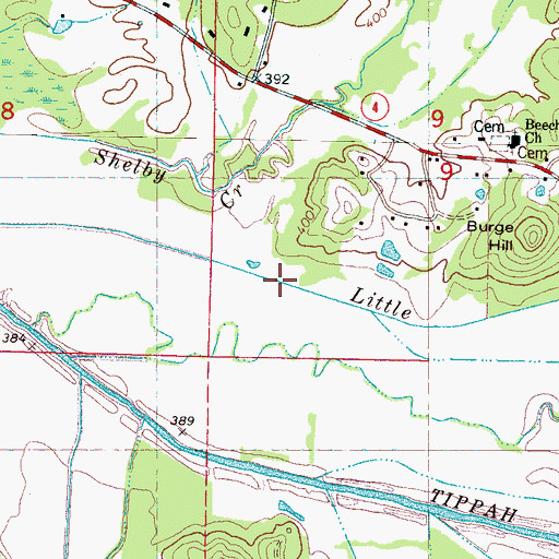 Topographic Map of Shelby Creek, MS
