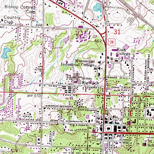 Topographic Map of Sims High School, MS