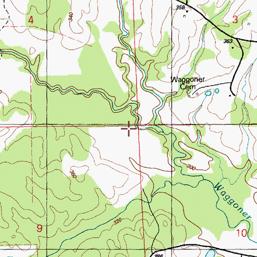 Topographic Map of West Fork Waggoner Creek, MS