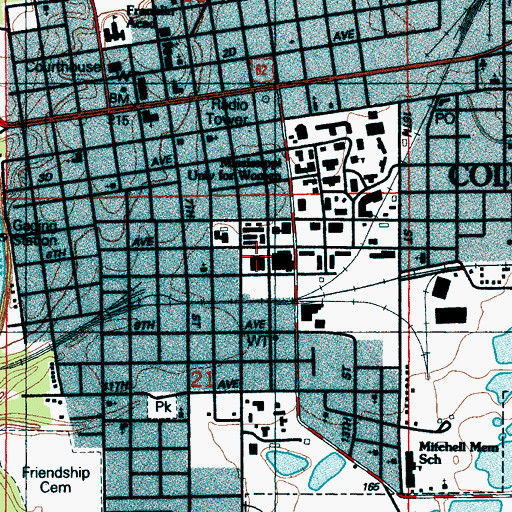 Topographic Map of WMUW-FM (Columbus), MS