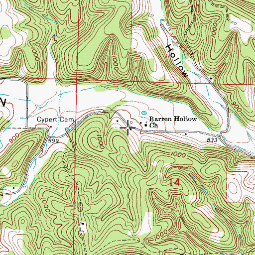 Topographic Map of Barren Hollow, AR