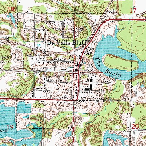 Topographic Map of De Valls Bluff First Baptist Church, AR