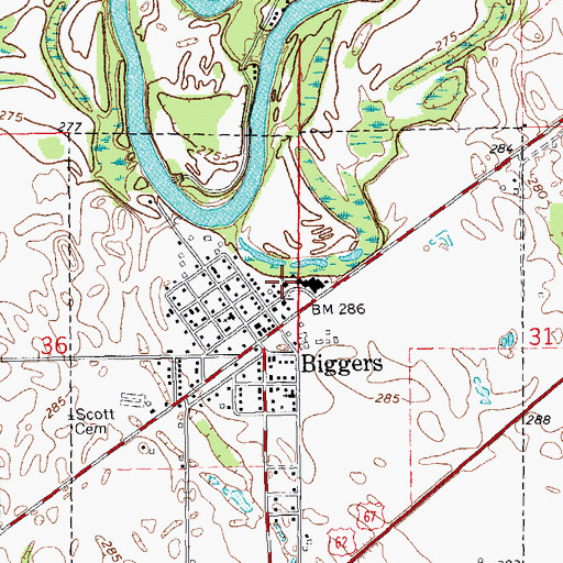Topographic Map of Biggers Church of Christ, AR