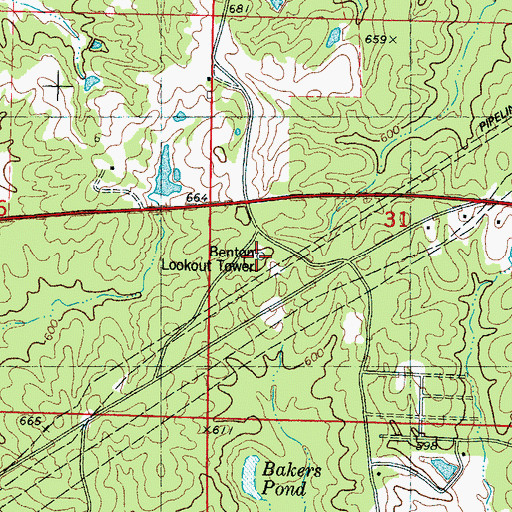 Topographic Map of Benton Lookout Tower, MS