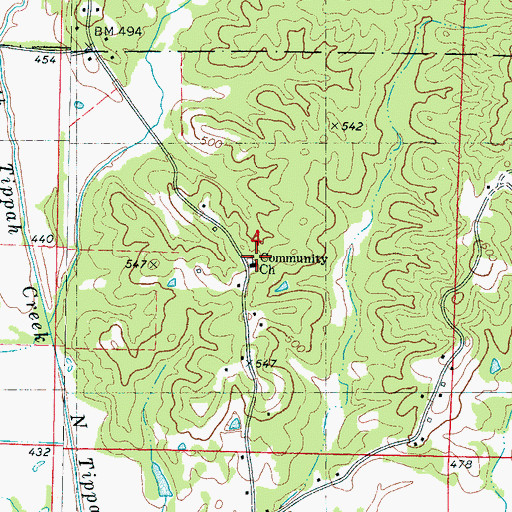 Topographic Map of Community Church, MS