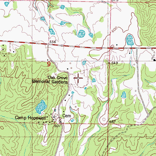 Topographic Map of Oak Grove Memorial Gardens, MS