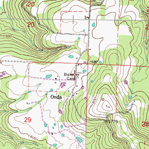 Topographic Map of Baker Cemetery, AR