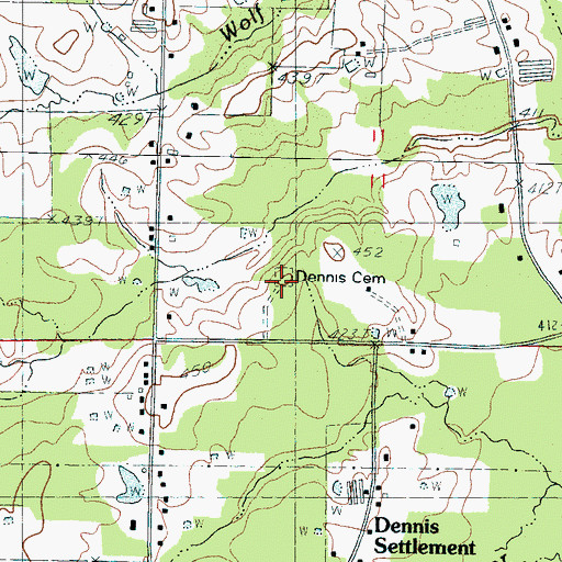 Topographic Map of Dennis Cemetery, MS
