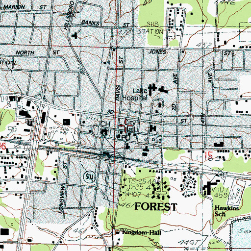 Topographic Map of Forest City Hall, MS